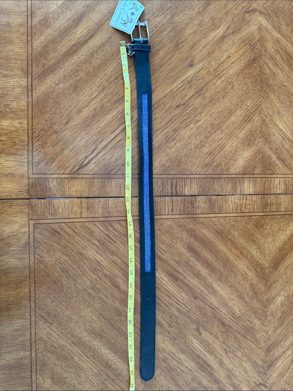 Women's Black Leather Belt with Blue Accent Strip